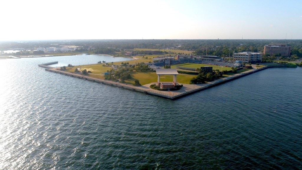 Aerial view of Community Maritime Park and Pensacola Bay