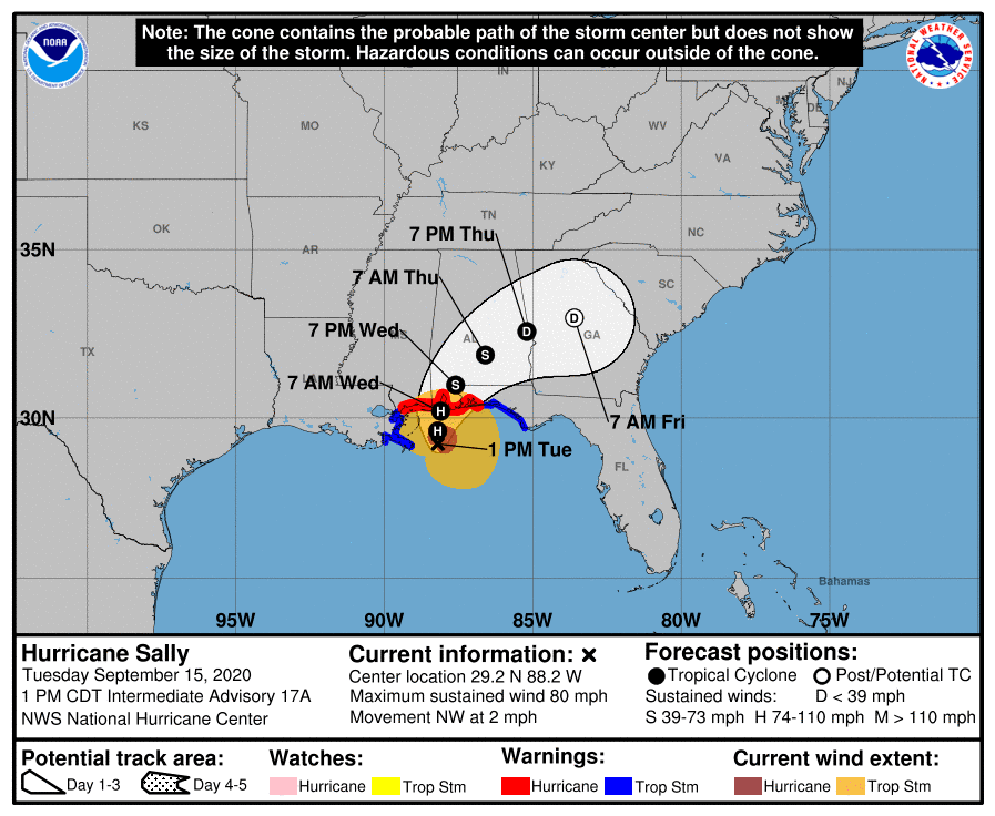 Sally 1 pm tuesday map