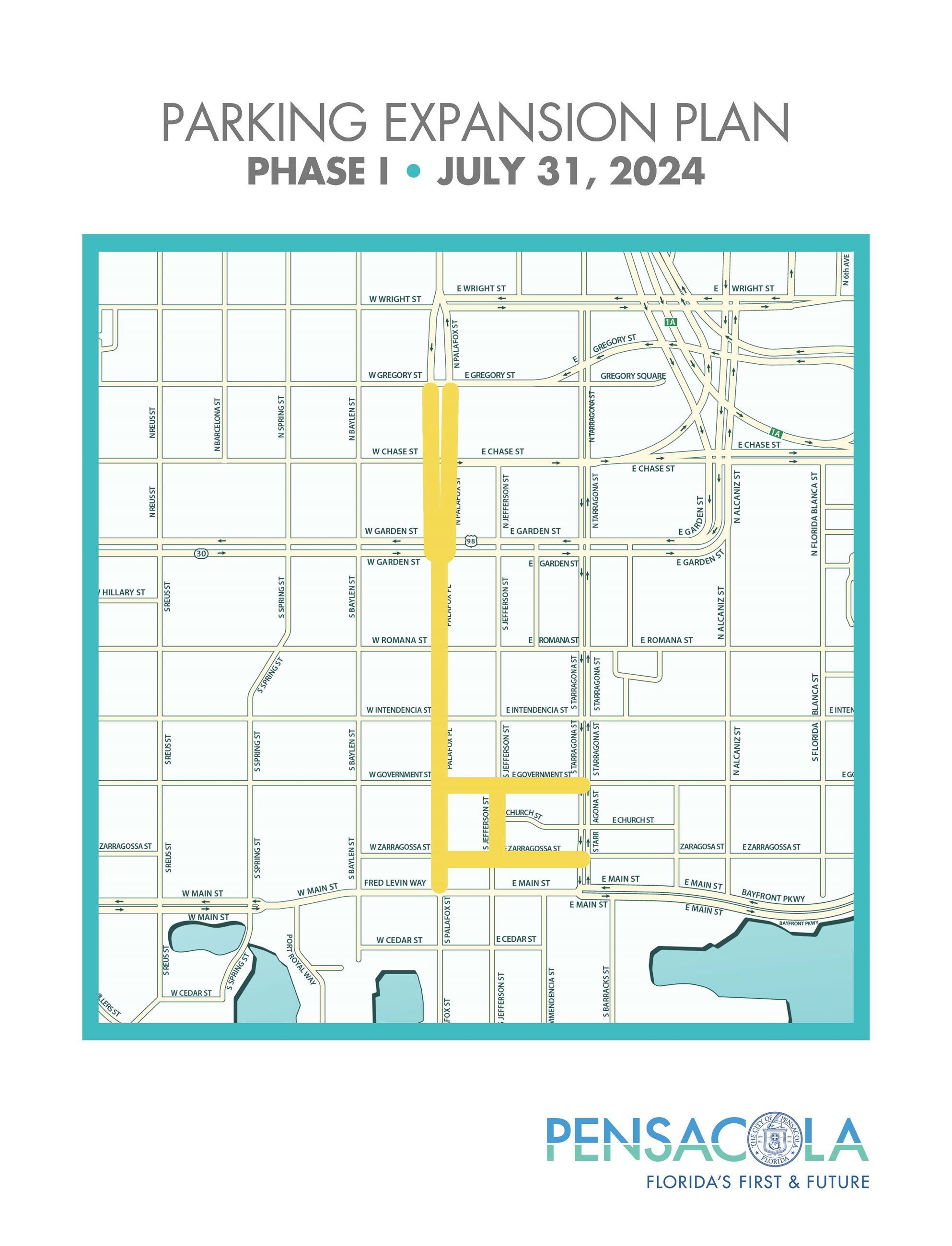 Map of expanded paid parking in downtown Pensacola