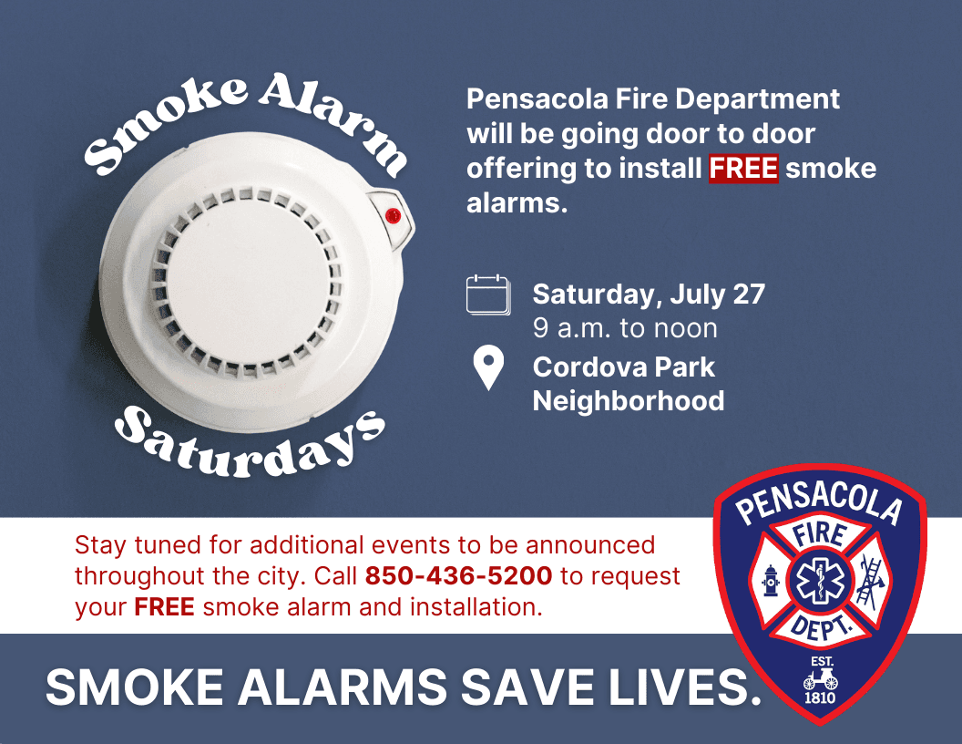 The Pensacola Fire Department's next Smoke Alarm Saturday event July 27 in the Cordova Park