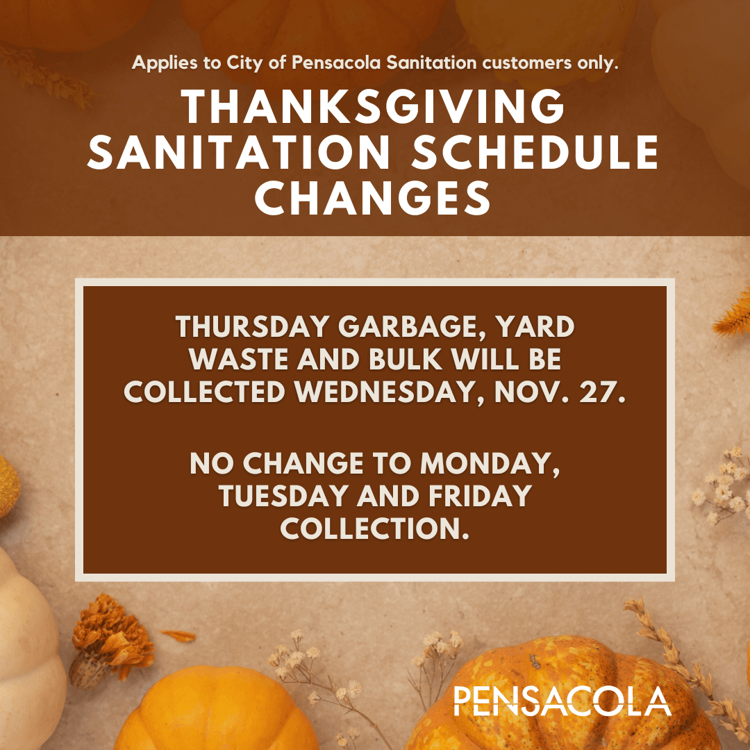 City of Pensacola offices and facilities will be closed Nov. 28 and 29 for the Thanksgiving holiday