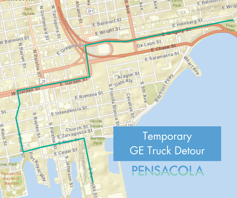 map of temporary truck detour through Downtown Pensacola