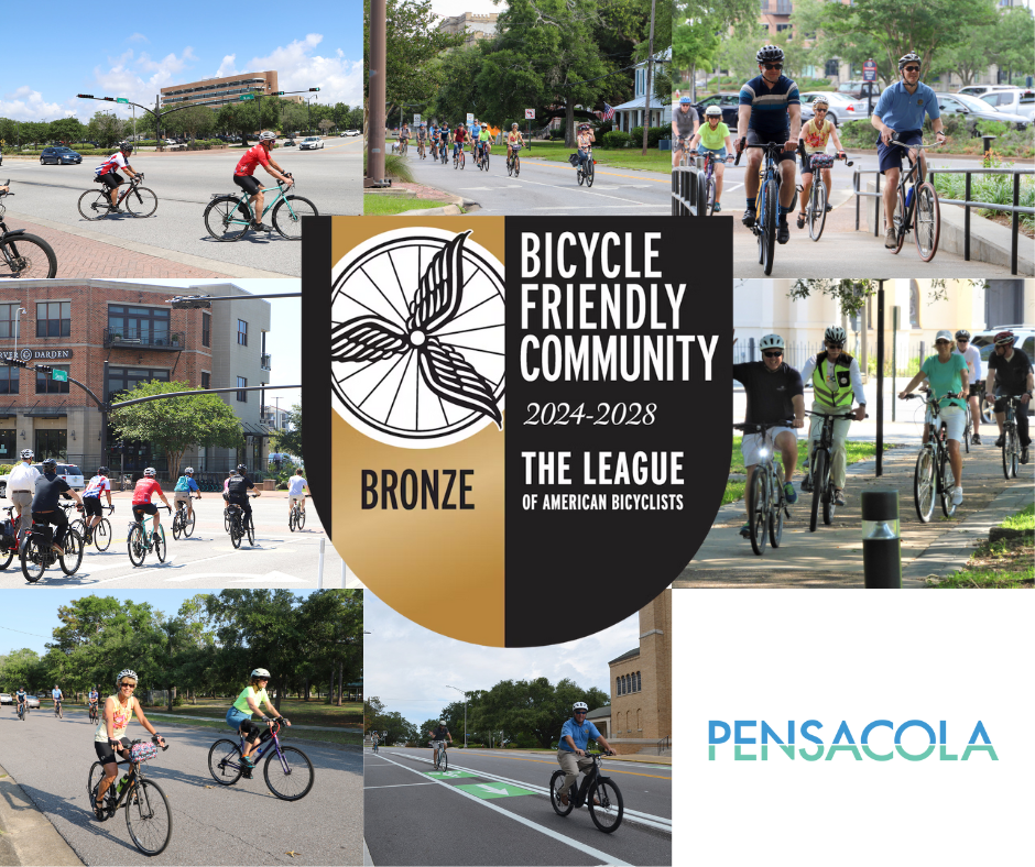 Various photos of people riding bicycles around Pensacola